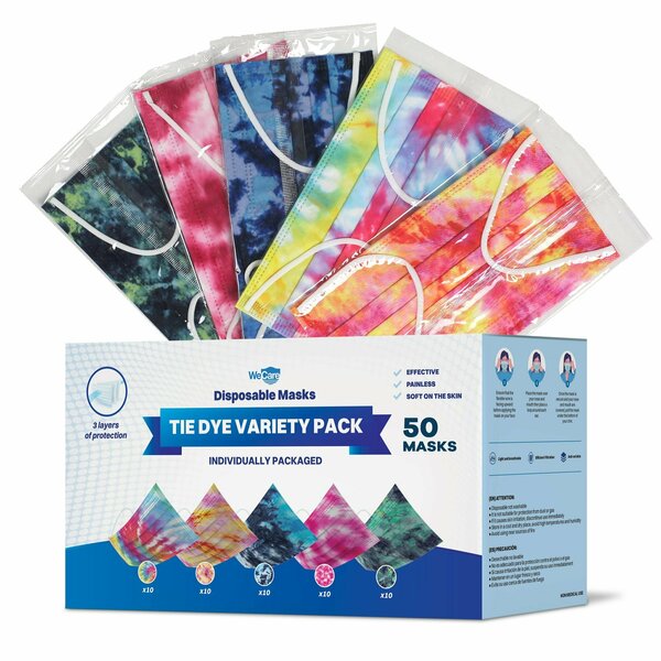 Wecare Disposable Face Mask, 3-Ply with Ear Loop 50 Individually Wrapped, Assorted Tie Dye, 50PK WMN100060